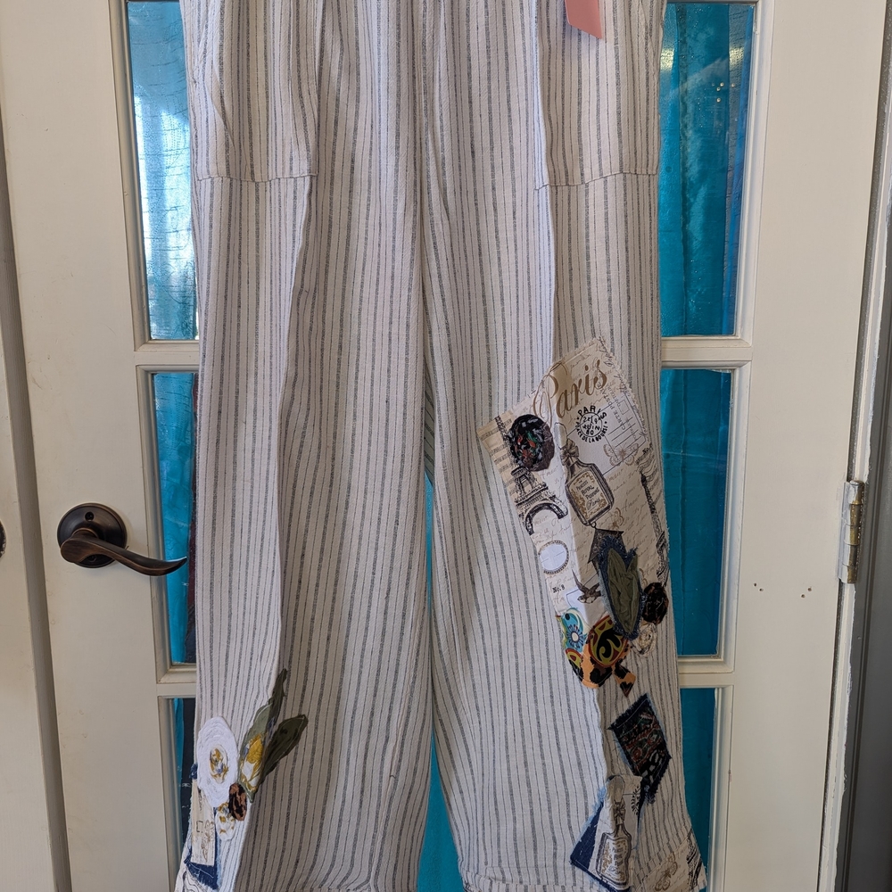 Striped Linen Wide-Leg, Applique Patches Boho Look Pants - Neutral Stripes
